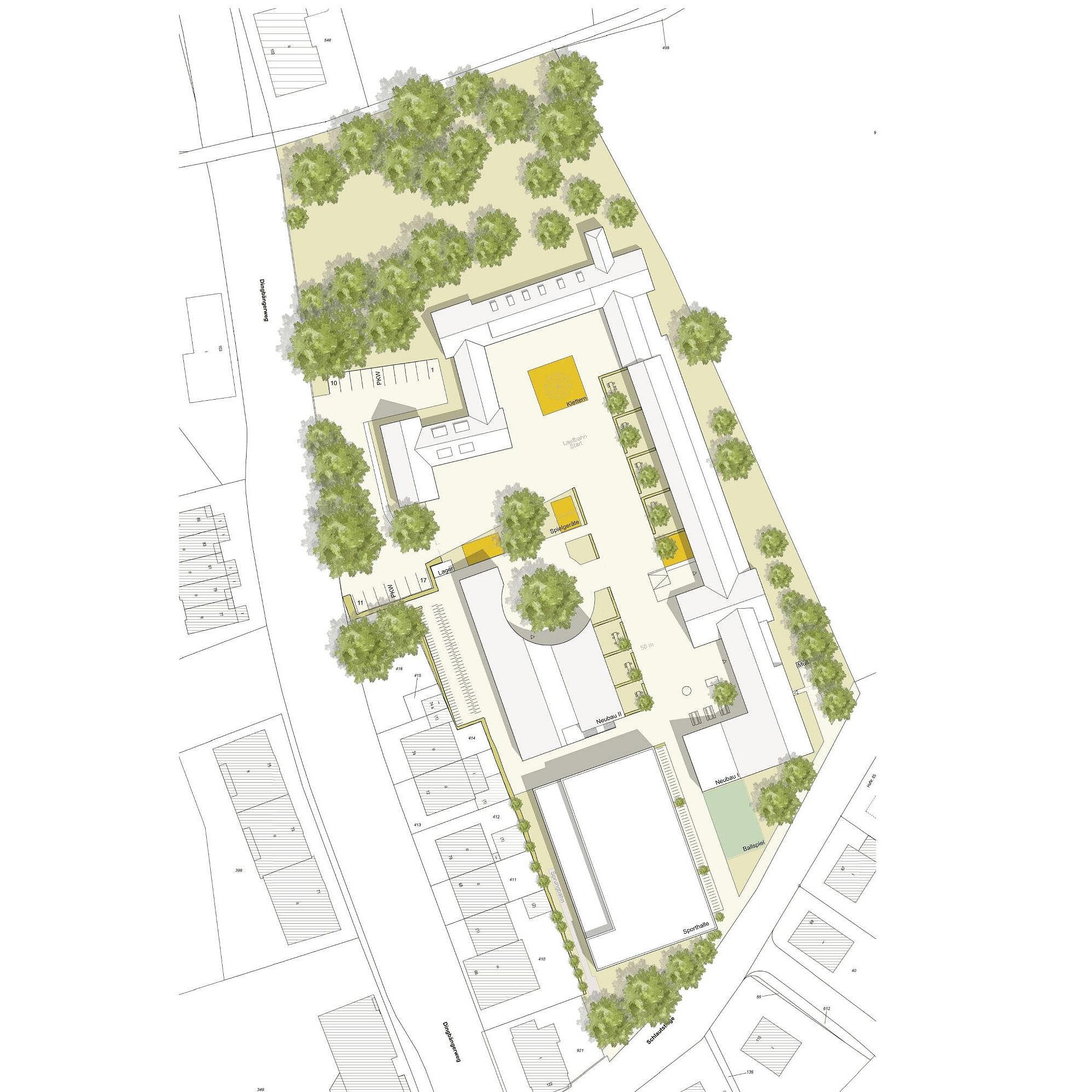 Eine Übersichtsskizze eines Grundstücks mit mehreren Gebäuden und umgebenden Grünflächen. Die Architektur enthält verschiedene Formen und Innenhöfe, erkennbar durch gelbe Akzente. Bäume und Vegetation sind gleichmäßig verteilt, um eine überwiegend ruhige Umgebung darzustellen.