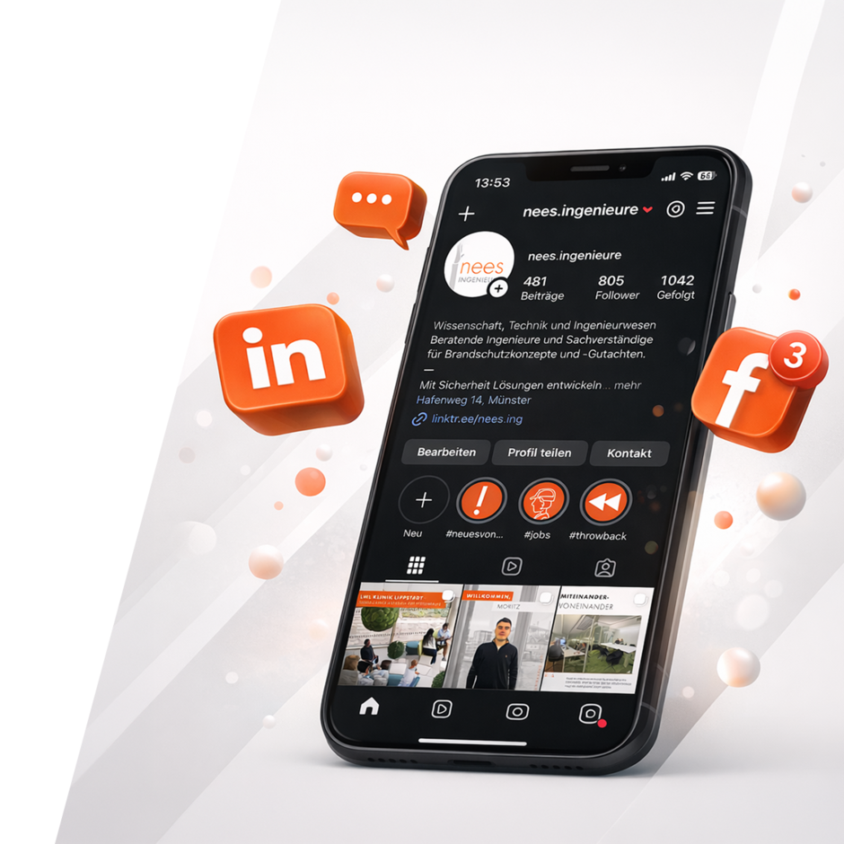 Ein Smartphone, das ein Social-Media-Profil zeigt, mit dem Benutzernamen "nees.ingenieure". Das Profil hat mehrere Beiträge und folgt vielen Nutzern. Neben dem Smartphone sind Symbole für LinkedIn und Facebook dargestellt, die auf Interaktion hinweisen.