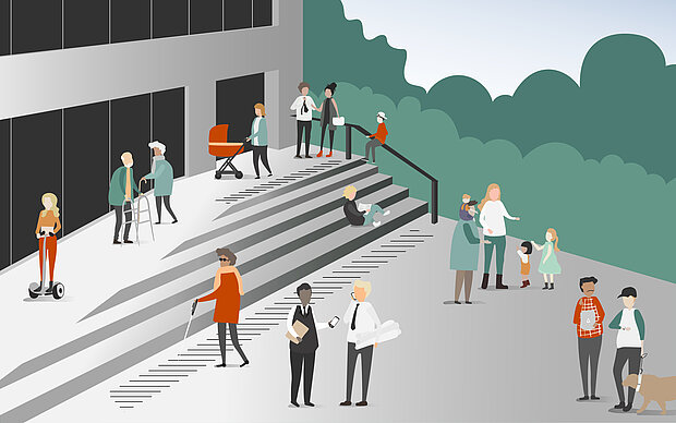Eine belebte Szene vor einem Gebäude mit verschiedenen Personen. Einige sitzen oder stehen auf Treppen, während andere stehen oder gehen. Aktivitäten umfassen Unterhaltung, Gespräche und die Nutzung von Mobilitätshilfen. Grün im Hintergrund deutet auf eine Parklandschaft hin.