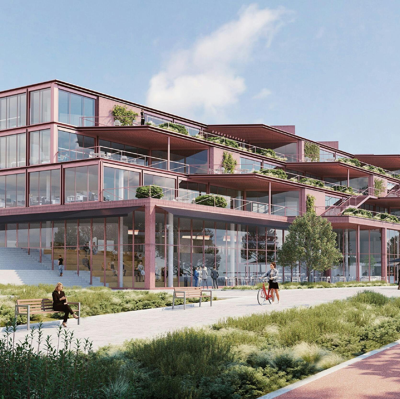 Moderne Bürogebäude mit mehreren Ebenen und großen Glasflächen. Die Architektur ist multifunktional mit grünen Terrassen und Pflanzen. Im Vordergrund sind Radfahrer und Fußgänger auf einem Weg zu sehen, umgeben von einer naturnahen Landschaft mit Rasen und Bäumen.