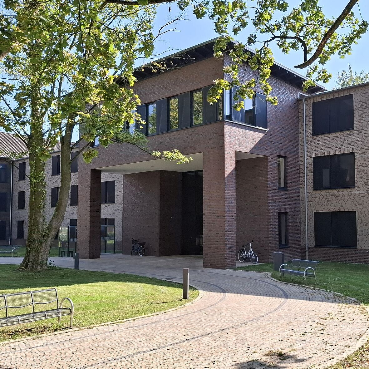 Ein modernes Gebäude mit großen Fenstern, umgeben von Bäumen und einer gepflasterten Fußgängerwege. Vorderer Eingangsbereich mit breiten Treppen und Sitzbänken in der Nähe. Heller, sonniger Tag.