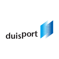 Logo von duisport: Der Schriftzug "duisport" in schwarzer Schrift, neben einem stilisierten, blauen grafischen Element, das aus vertikalen Linien besteht und zwei rechteckige Formen darstellt.