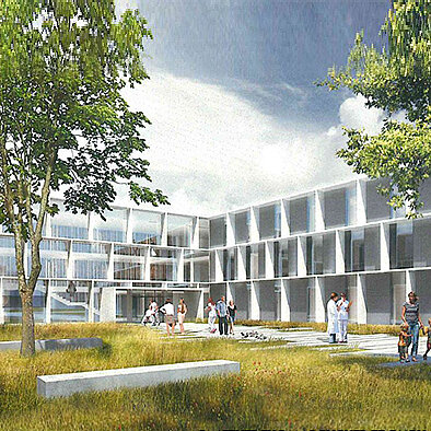 Architektonische Visualisierung eines modernen Gebäudekomplexes mit mehreren Stockwerken, umgeben von Grünflächen. Menschen sind im Innenhof aktiv, darunter Kinder und Erwachsene. Große Fenster und helle Fassaden prägen das Design, das eine einladende Atmosphäre vermittelt.
