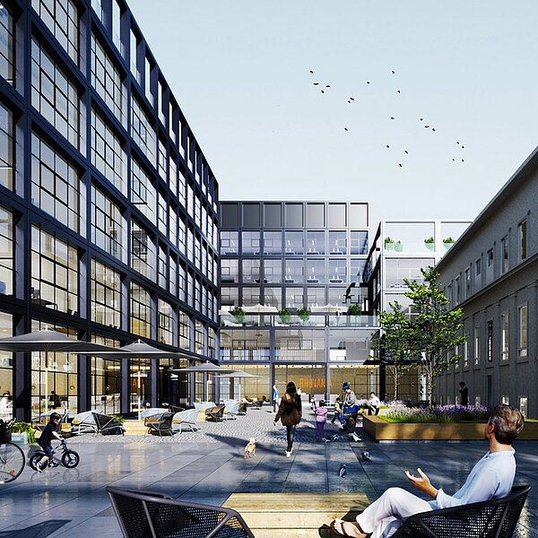 Eine moderne urbane Wohn- und Arbeitsumgebung mit mehreren Gebäuden. Menschen gehen, fahren Fahrrad, und entspannen in einer begrünten Freifläche. Sitzgelegenheiten und Pflanzen sind sichtbar. Die Architektur ist zeitgenössisch mit großen Glasflächen, die Licht hereinlassen. Der Himmel ist klar mit einigen Vögeln.