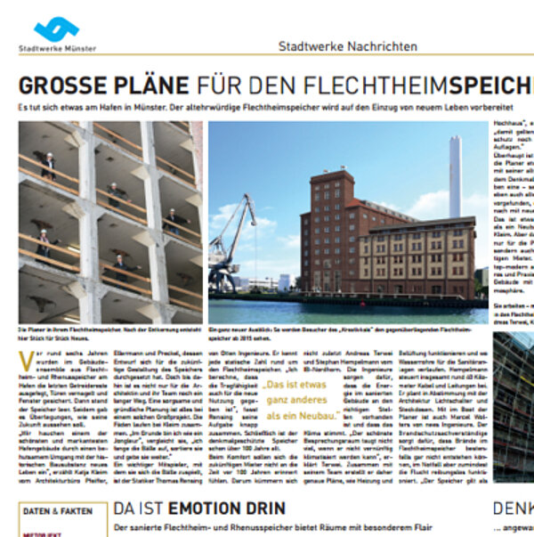 Eine Zeitungsseite mit der Überschrift "Große Pläne für den Flechtheimspeicher". Der Artikel beschreibt die Renovierung des alten Hafengebäudes in Münster und wie es zu einem neuen Lebensraum umgestaltet wird. Es gibt Bilder von Bauarbeiten und dem historischen Gebäude.