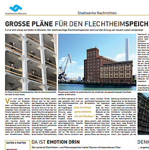 Eine Zeitungsseite mit der Überschrift "Große Pläne für den Flechtheimspeicher". Der Artikel beschreibt die Renovierung des alten Hafengebäudes in Münster und wie es zu einem neuen Lebensraum umgestaltet wird. Es gibt Bilder von Bauarbeiten und dem historischen Gebäude.