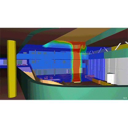 3D-Visualisierung eines Innenraums mit Farbverlauf zur Darstellung von Luftströmungen. Die Farben reichen von Rot (Wärme) bis Blau (Kälte), was eine Analyse der ventilationstechnischen Eigenschaften des Raumes zeigt. Treppen, Wände und Fenster sind in abstrakter Form erkennbar.