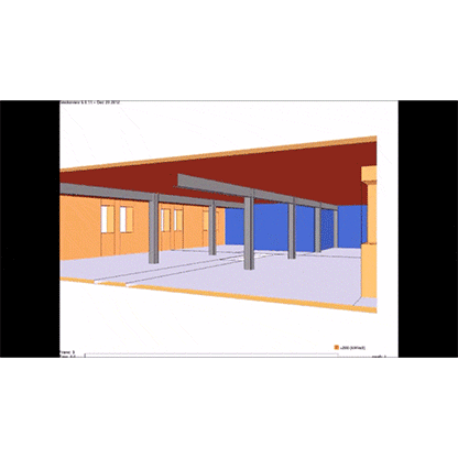3D-Visualisierung eines offenen Raumes mit Stahlstützen und Wänden in verschiedenen Farben. Der Boden ist grau, die Decke hat eine rote Farbe und im Hintergrund ertönt eine blaue Wand. Die Gestaltung scheint architektonische Elemente darzustellen.